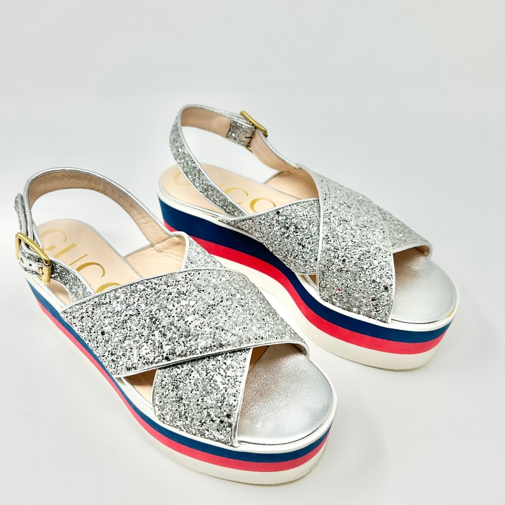 Gucci Silver Glitter Red White Blue Platform Slingback Sandals Size 8.5 Luxury!